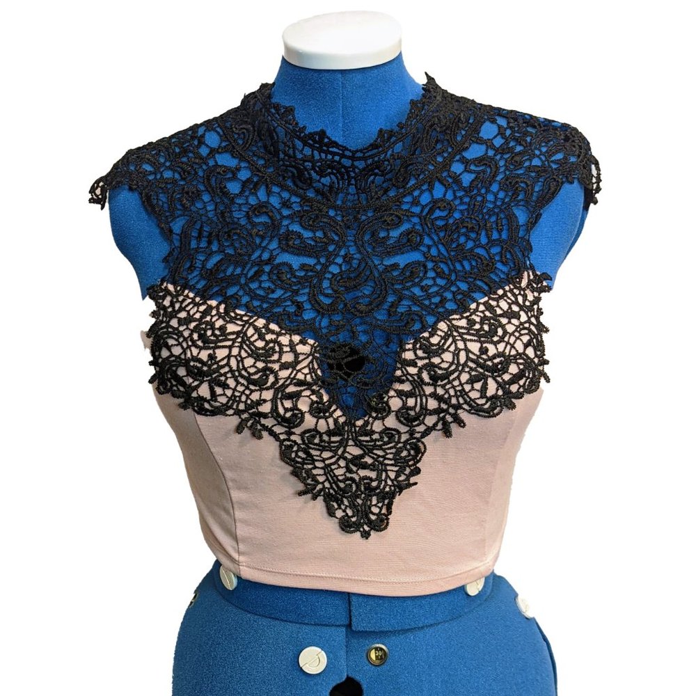 **SOLD** Rue 21 Lace Front Pastel Goth Crop Plunge Mock Neck Blouse